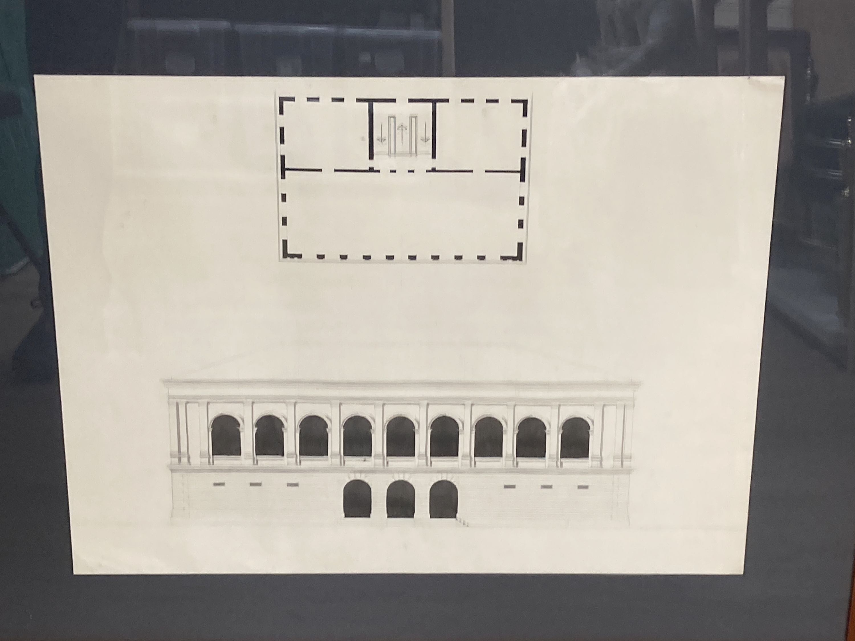 Nine various late 19th century pen and ink architectural drawings, some hand coloured, 48 x 70cm